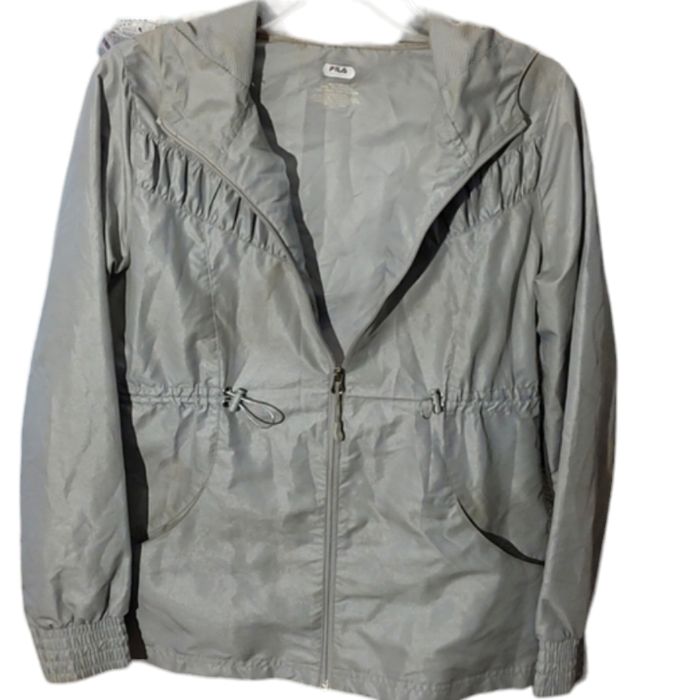 Gray Shiny Fila Lightweight Hooded Zip up Jacket sz Large